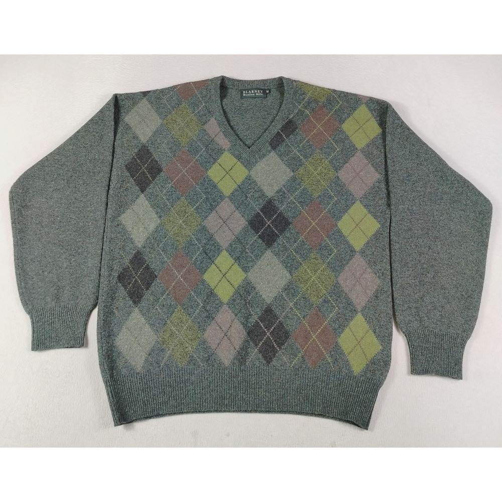 Blarney Woollen Mills Sweater Mens Medium Green Argyle Wool V Neck‎ Cabincore